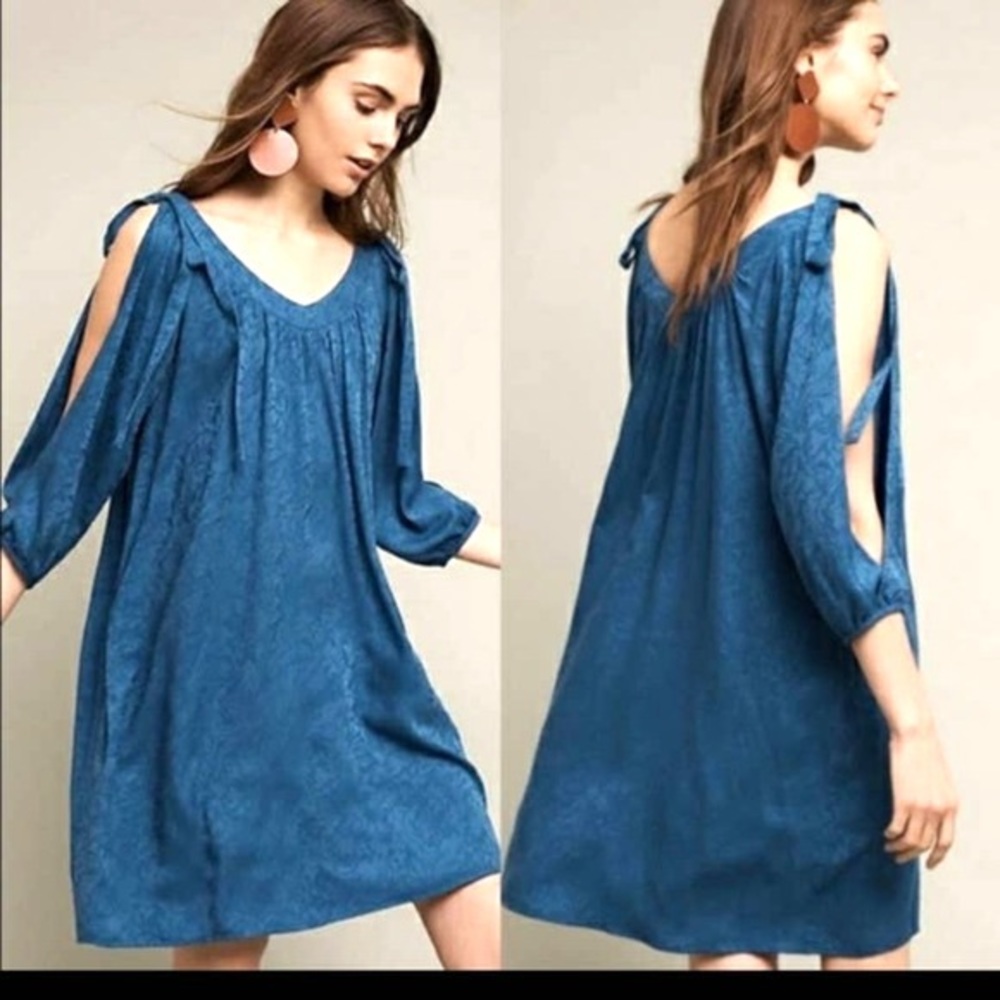 ANTHROPOLOGIE Holding Horse Blue Statement Sleeve Swing Dress Size Medium